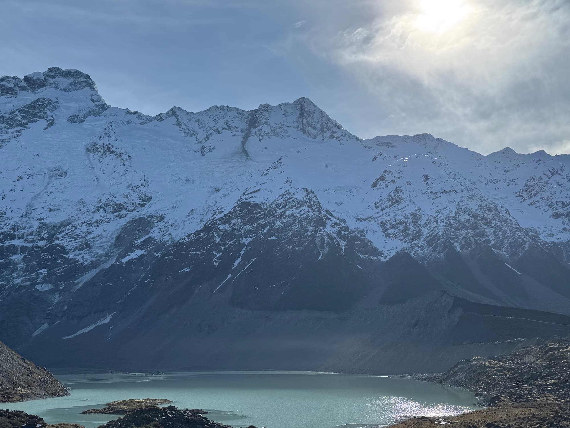 Mountain lake reflecting surrounding peaks