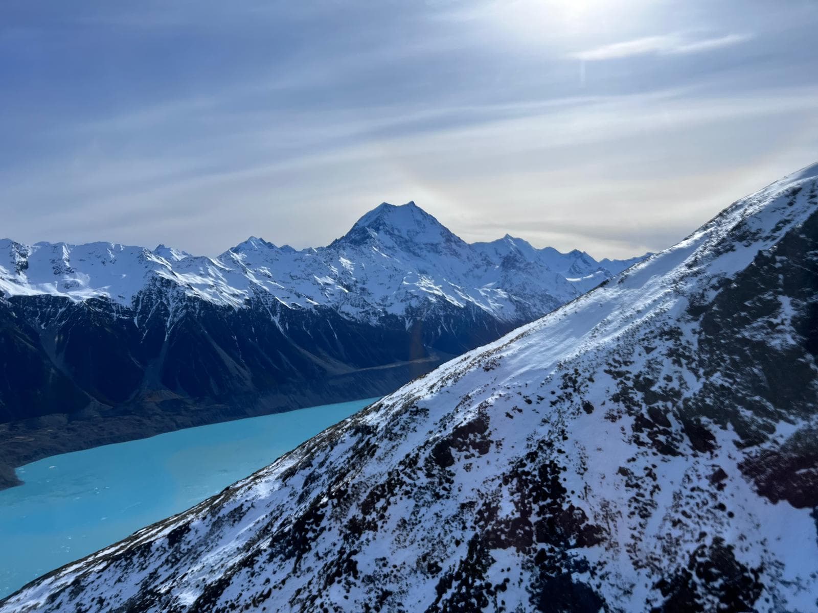 Glacial lake with Mt Cook from the air
