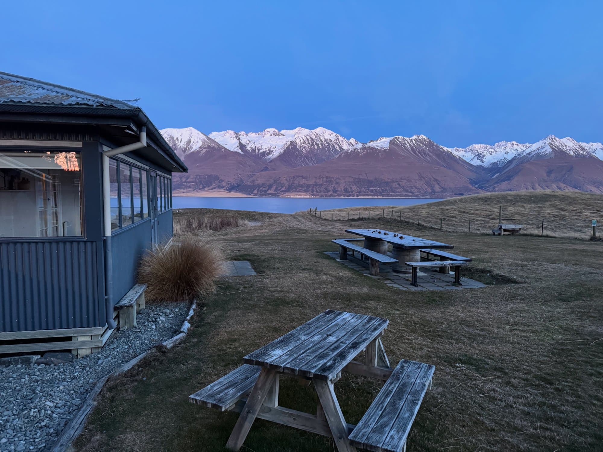 Lodge at blue hour with mountain views